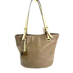 Michael Kors Taupe Pebbled Leather Medium Shoulder Bag Brass Charm